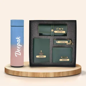 Customized Bottle with Temperature display - Pastel Shade 2 & All in One Men's Combo (4 pcs)  - Olive Green