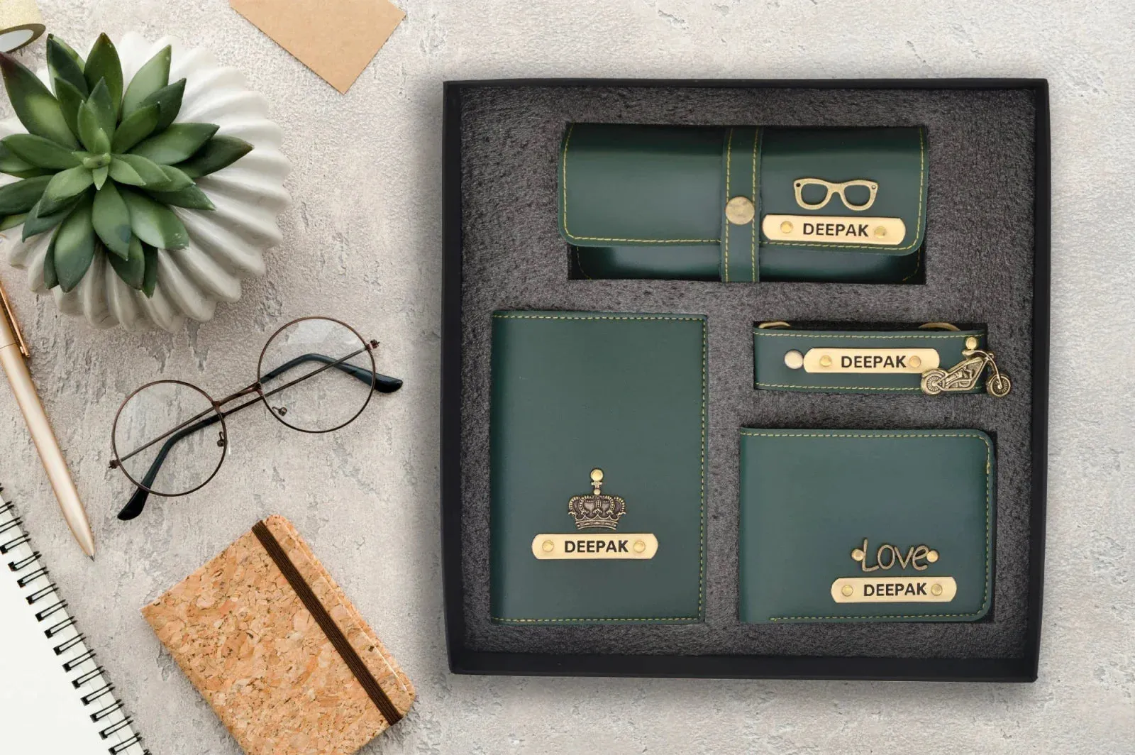 Customized Bottle with Temperature display - Pastel Shade 2 & All in One Men's Combo (4 pcs)  - Olive Green
