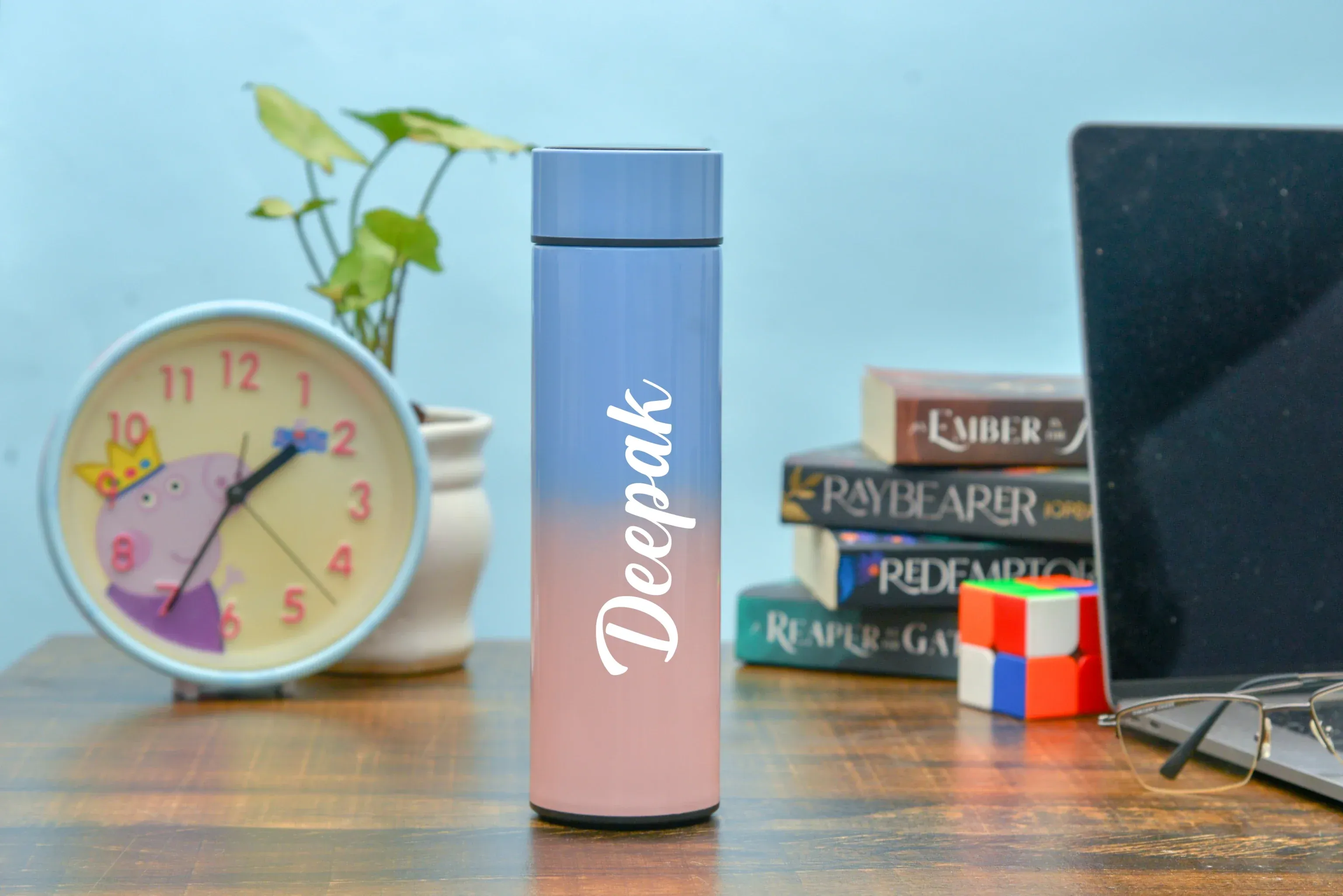 Customized Bottle with Temperature display - Pastel Shade 2 & All in One Men's Combo (4 pcs) - Tan