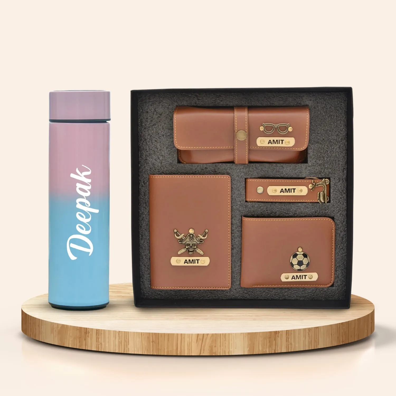 Customized Bottle with Temperature display - Pastel Shade 2 & All in One Men's Combo (4 pcs) - Tan