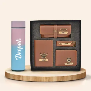 Customized Bottle with Temperature display - Pastel Shade 2 & All in One Men's Combo (4 pcs) - Tan