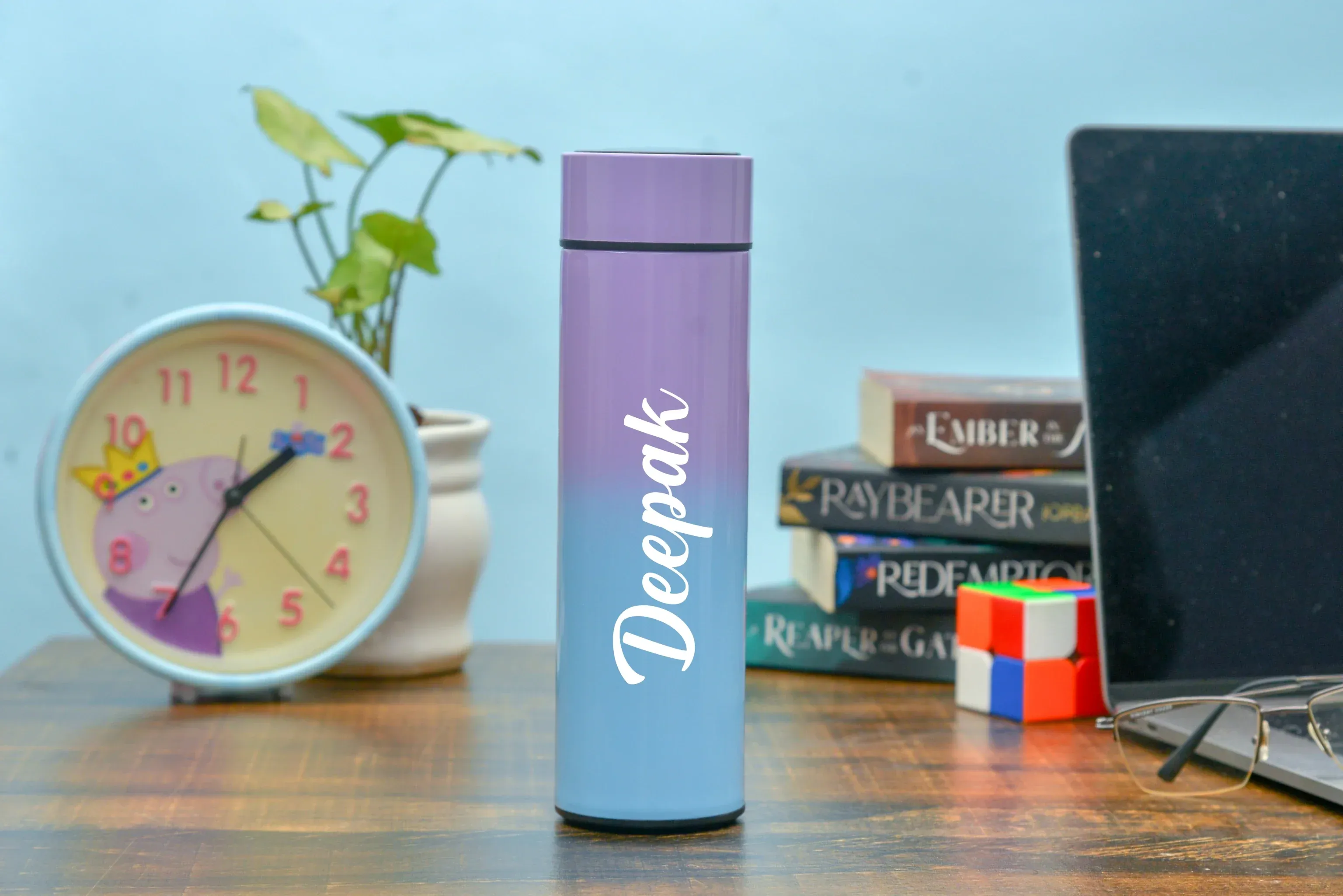 Customized Bottle with Temperature display - Pastel Shade 3 & All in One Men's Combo (4 pcs) - Tan