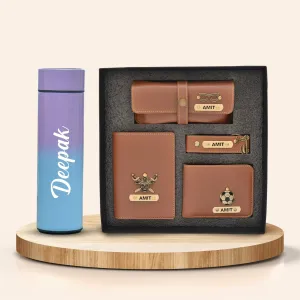 Customized Bottle with Temperature display - Pastel Shade 3 & All in One Men's Combo (4 pcs) - Tan