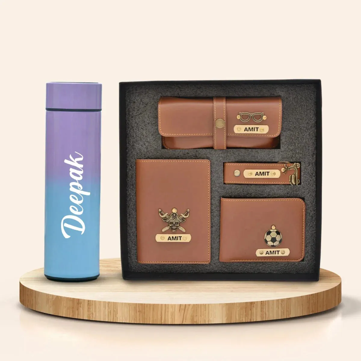 Customized Bottle with Temperature display - Pastel Shade 3 & All in One Men's Combo (4 pcs) - Tan