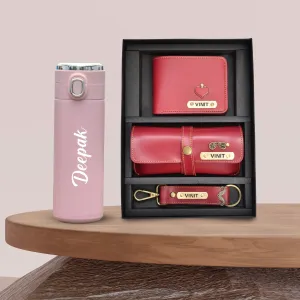 Customized Mini Temperature Bottle With Vaccum Cup - Pink & All in One Men's Combo (3 pcs) - Wine