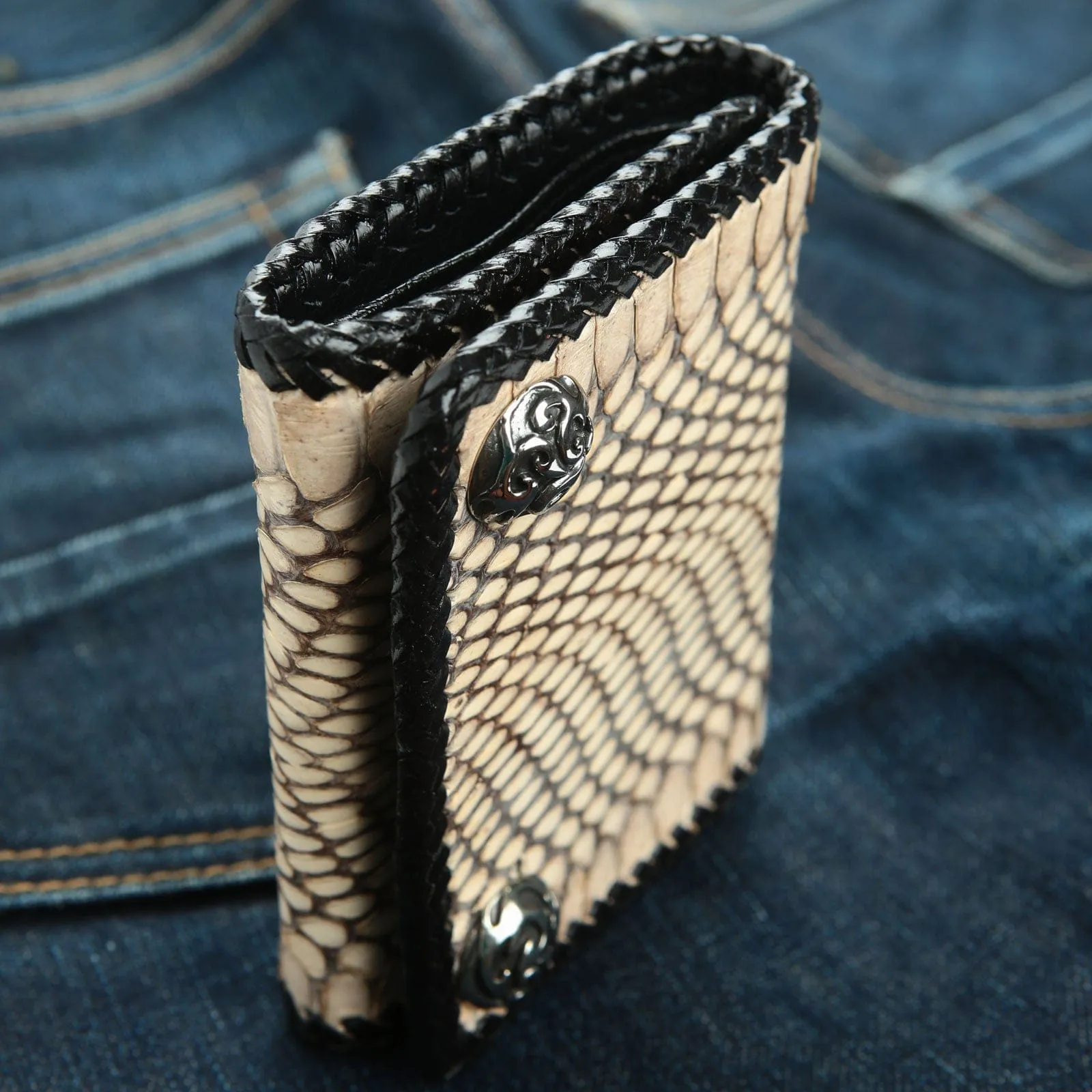 Dark Grey Snake Leather Biker Wallet