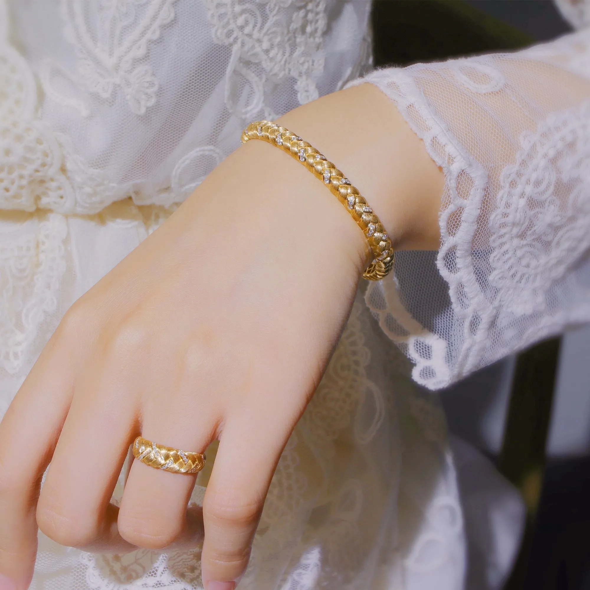 Diamond Pave Woven Braided Bangle Bracelet