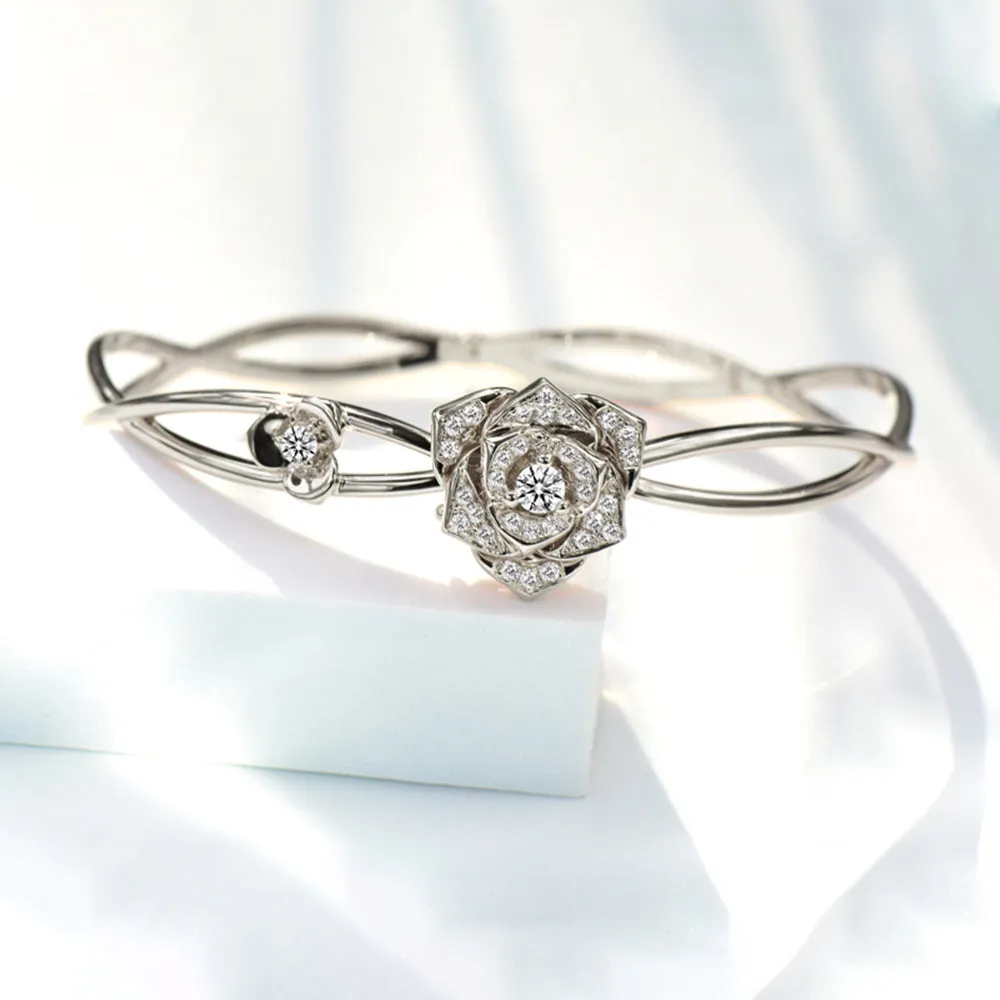 Diamond Rose Flower Bangle Bracelet