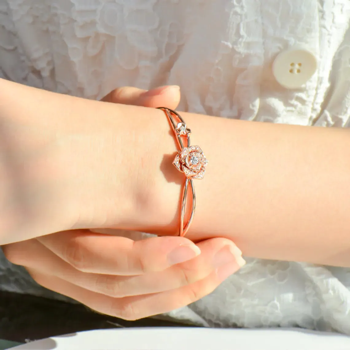 Diamond Rose Flower Bangle Bracelet