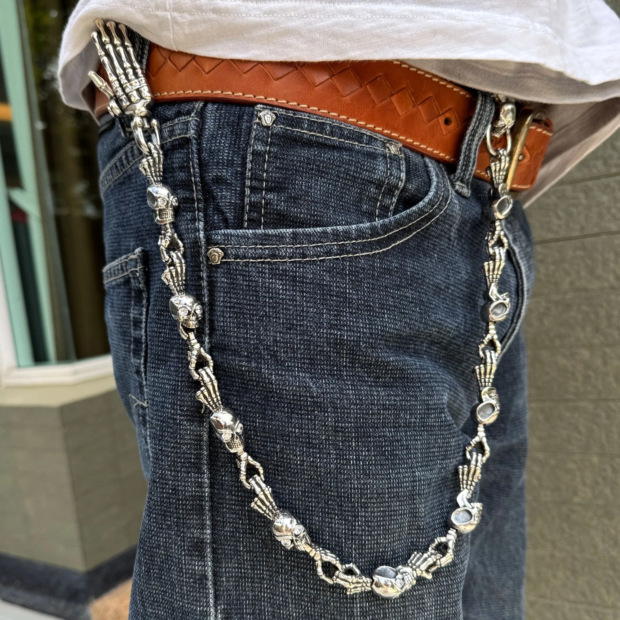Diamond Skull Skeleton Sterling Silver Wallet Chain