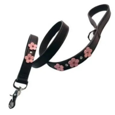 Ellie 5 Flower Leather Leash with Crystals on Flower and Leash