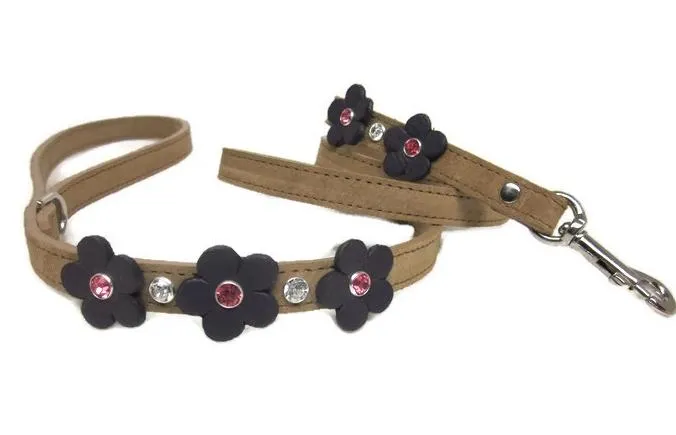 Ellie 5 Flower Leather Leash with Crystals on Flower and Leash