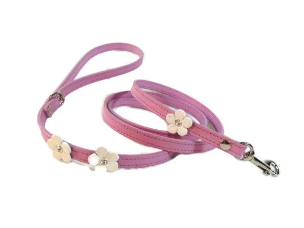 Ellie Leather Dog Leash with 3 Flowers-Crystals on Flower Only