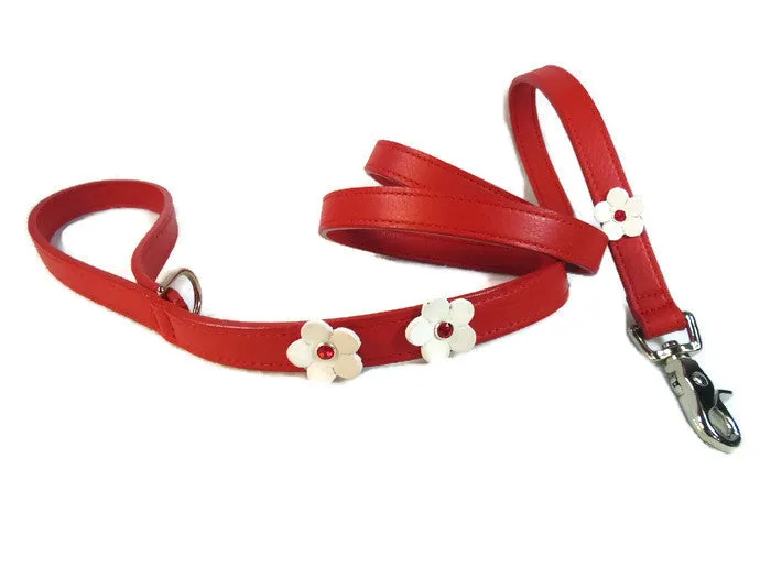 Ellie Leather Dog Leash with 3 Flowers-Crystals on Flower Only