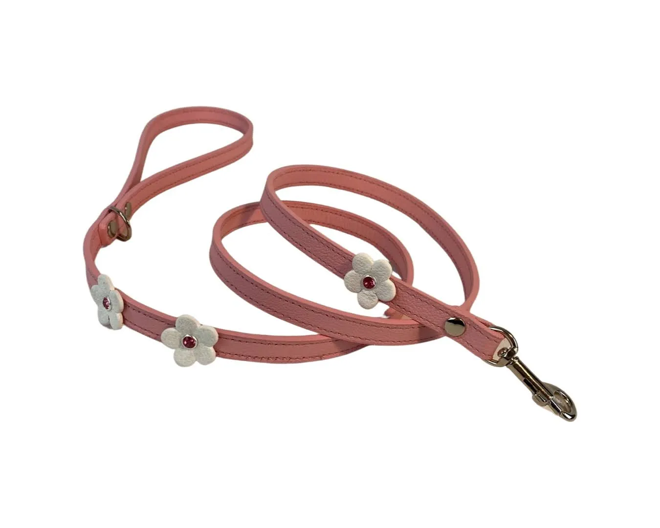 Ellie Leather Dog Leash with 3 Flowers-Crystals on Flower Only