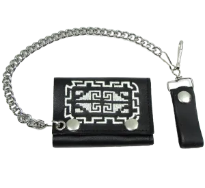 Embroidered Tri-Fold Wallet w/Chain- Aztek Design