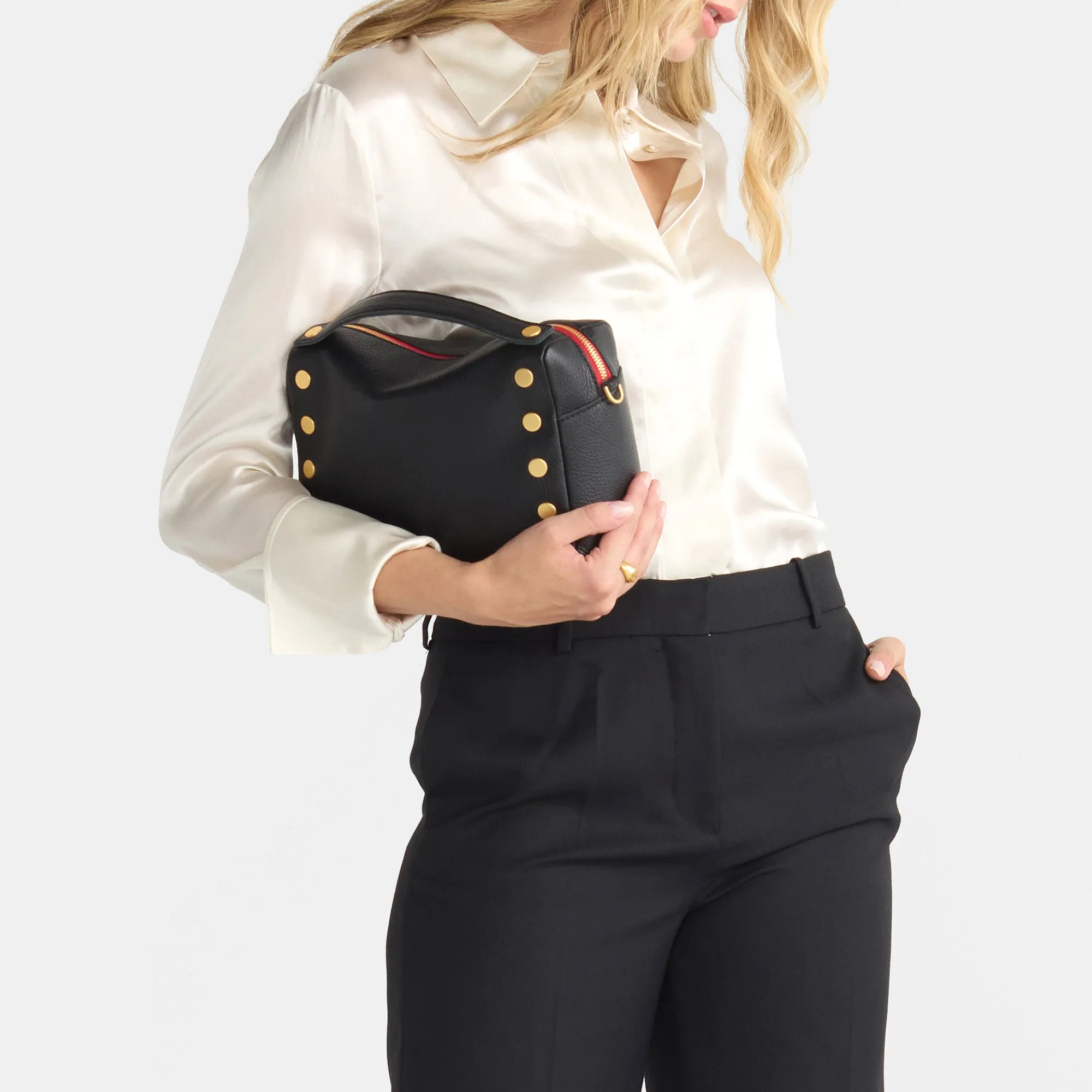 Evan Crossbody | Black/Brushed Gold Red Zip | Med