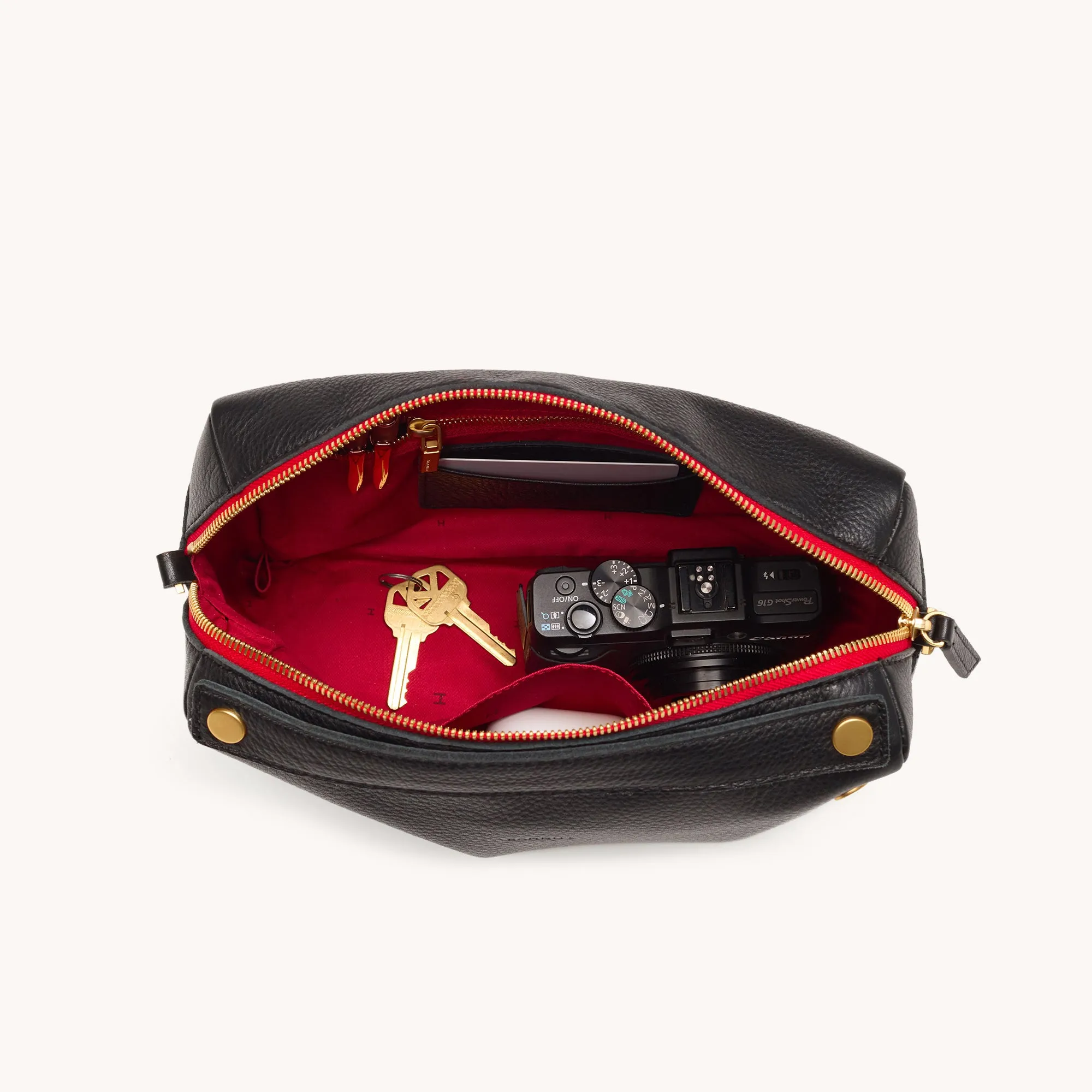 Evan Crossbody | Black/Brushed Gold Red Zip | Med