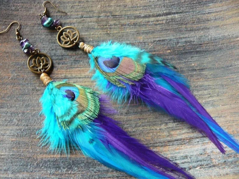 Extra Long Feather Earrings - Long Brown Feather Earrings - Striped Feather Earrings - Feather Jewelry