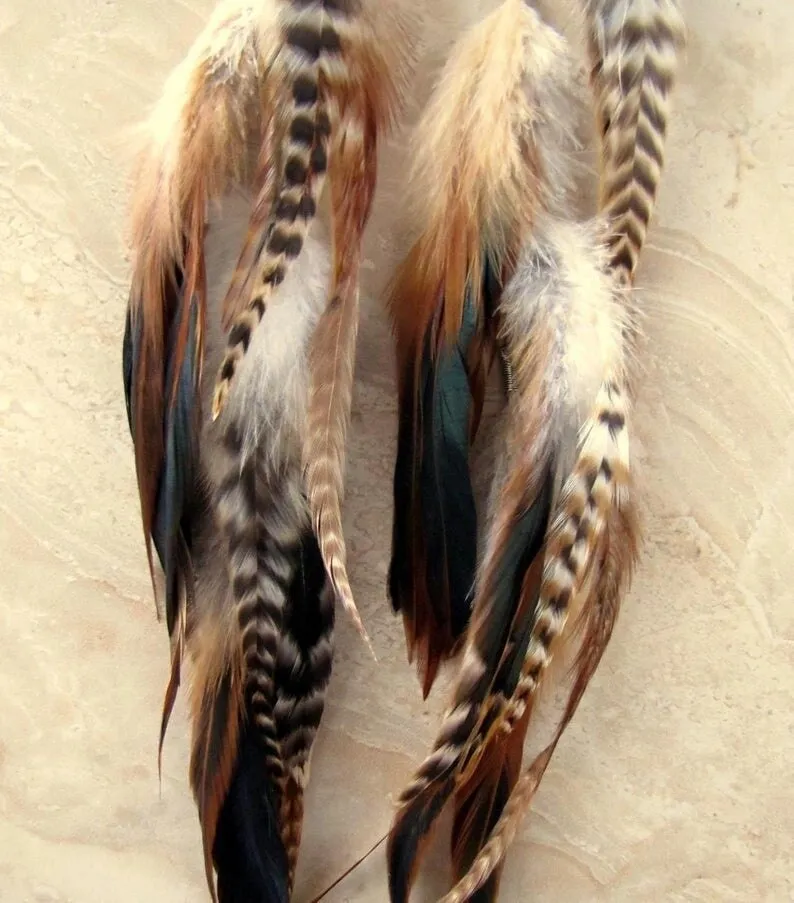 Extra Long Feather Earrings - Long Brown Feather Earrings - Striped Feather Earrings - Feather Jewelry