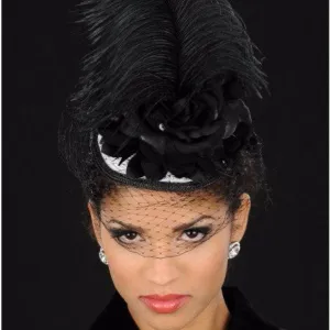 F6019-White/black straw with ostrich feather and flowers