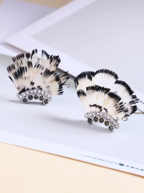 Feather Inlay Crystal Diamond Earrings