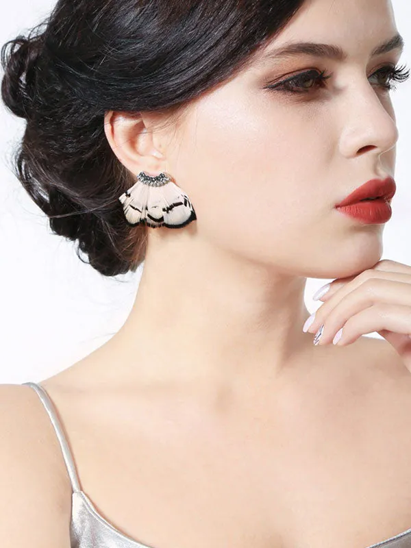 Feather Inlay Crystal Diamond Earrings