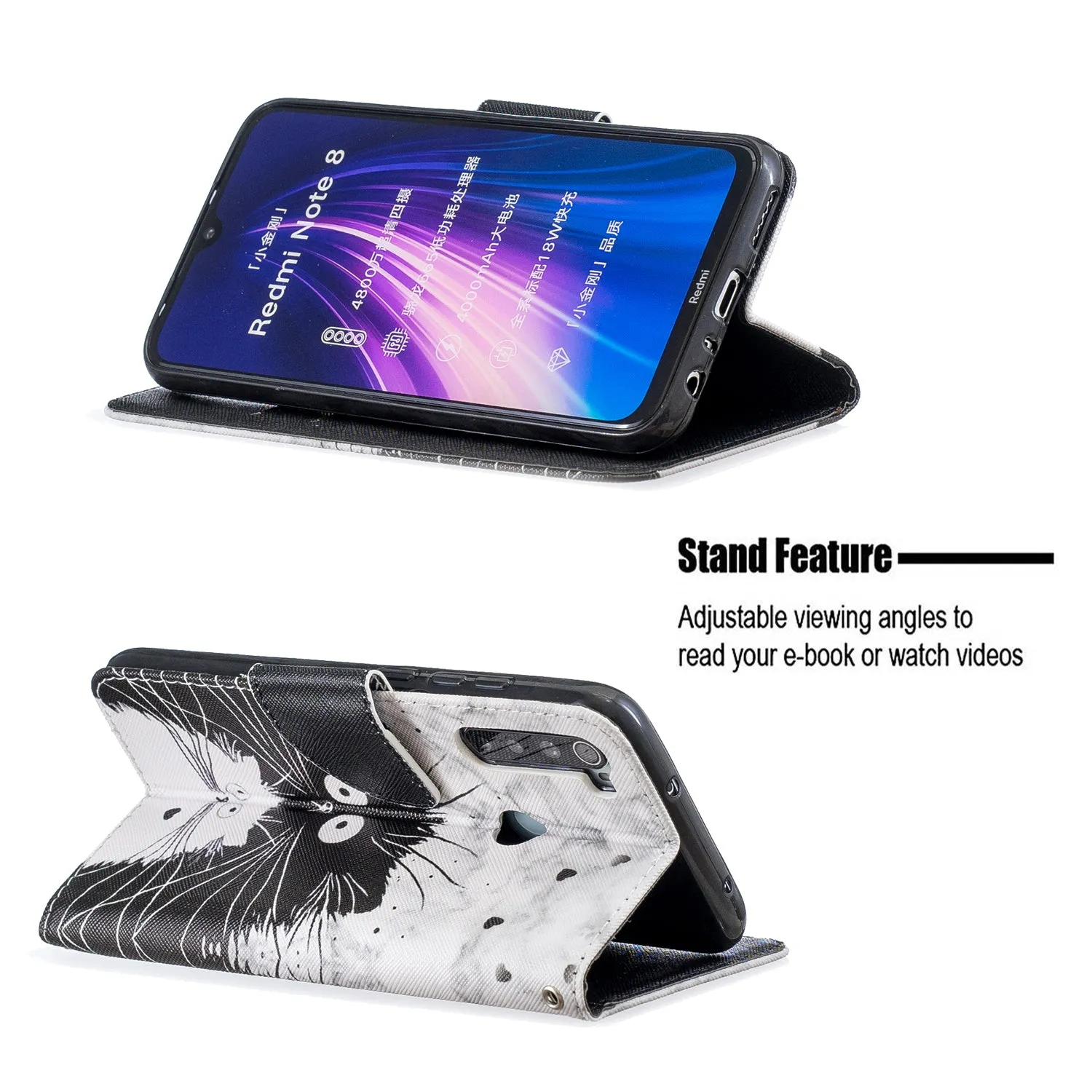 For Redmi Note 8/8 Pro Cellphone Cover Stand Function Wallet Design PU Leather Smartphone Shell Elegant Pattern Printed  Black white cat