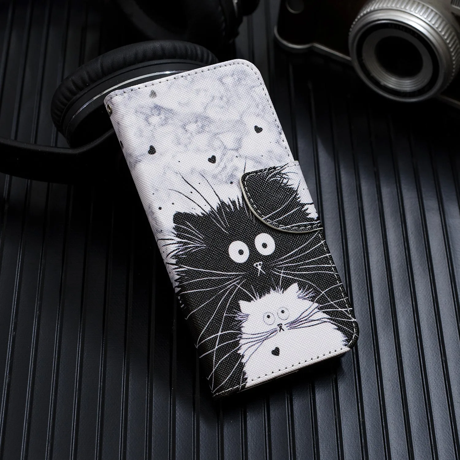For Redmi Note 8/8 Pro Cellphone Cover Stand Function Wallet Design PU Leather Smartphone Shell Elegant Pattern Printed  Black white cat
