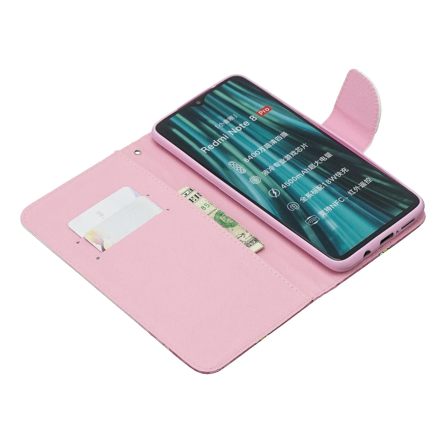 For Redmi Note 8/8 Pro Cellphone Cover Stand Function Wallet Design PU Leather Smartphone Shell Elegant Pattern Printed  Watercolor flower