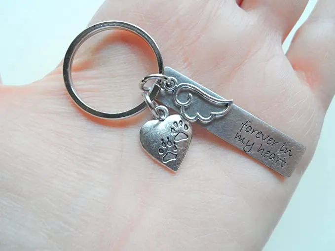 Forever in My Heart Engraved Steel Rectangle Tag Keychain with Small Wing Charm and Heart Charm with Paw Prints, Pet Memorial Keychain
