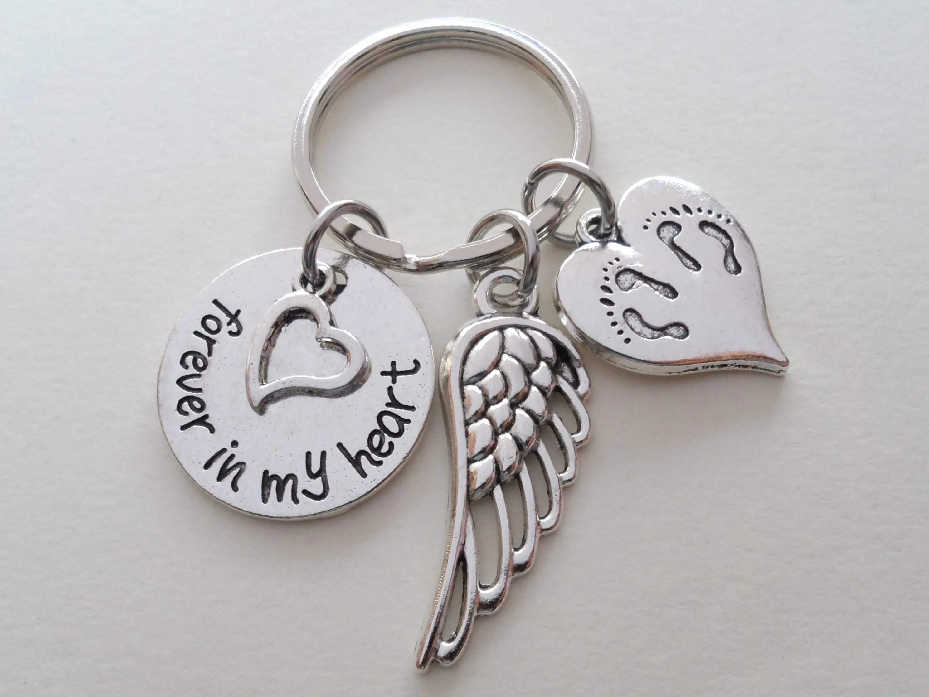 Forever in My Heart Twin Babies Memorial Keychain, Twins Feet Heart Charm & Wing Charm