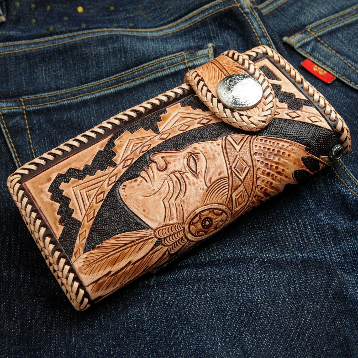 Genuine Leather Indian Face Harley Biker Wallet