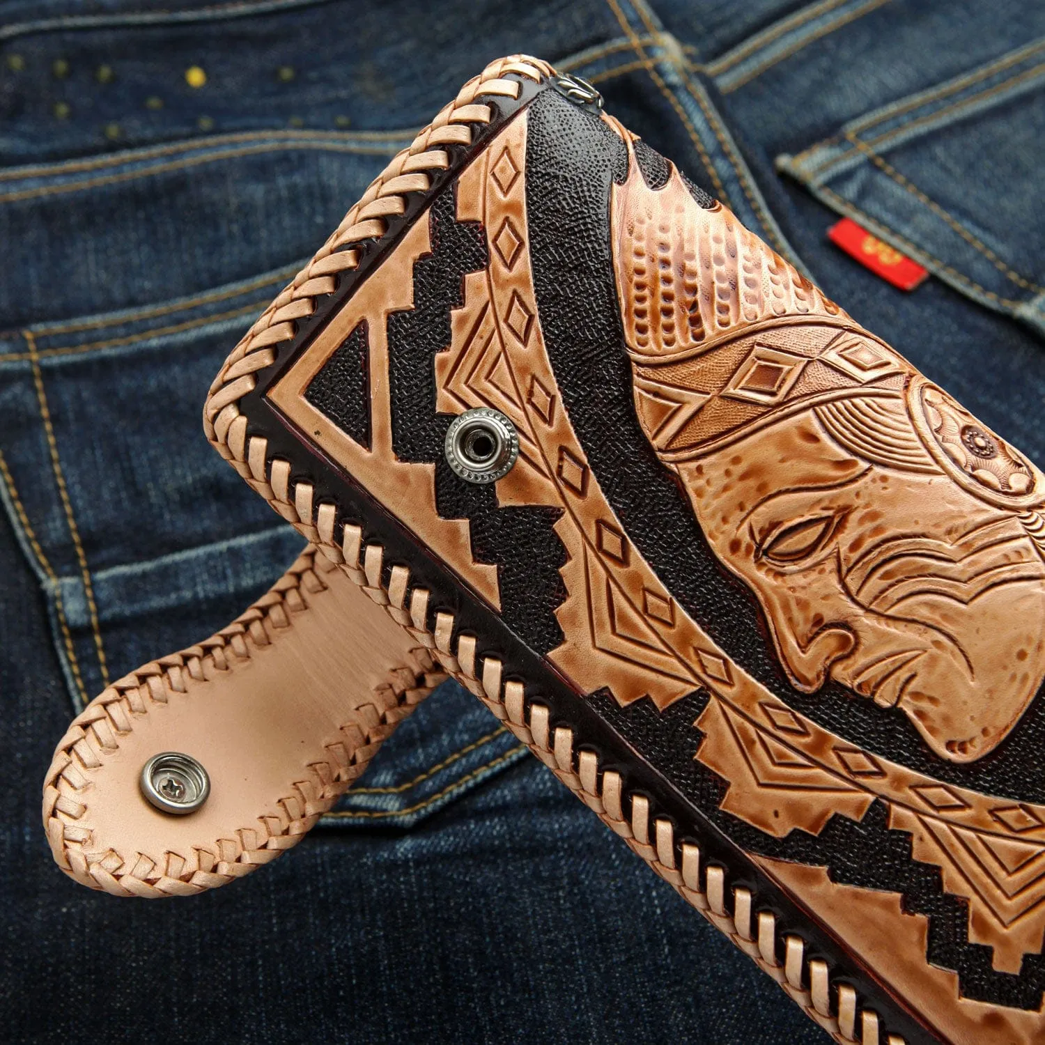 Genuine Leather Indian Face Harley Biker Wallet
