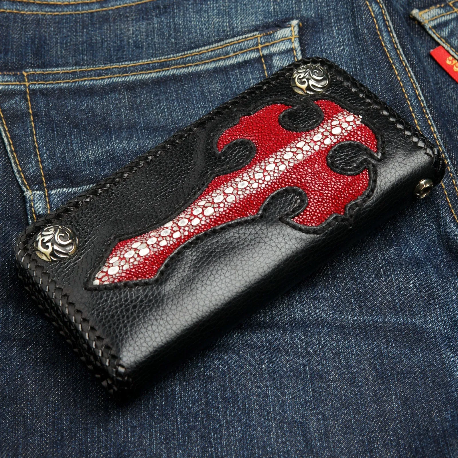 Genuine Stingray Red Gothic Cross Long Biker Chain Wallet