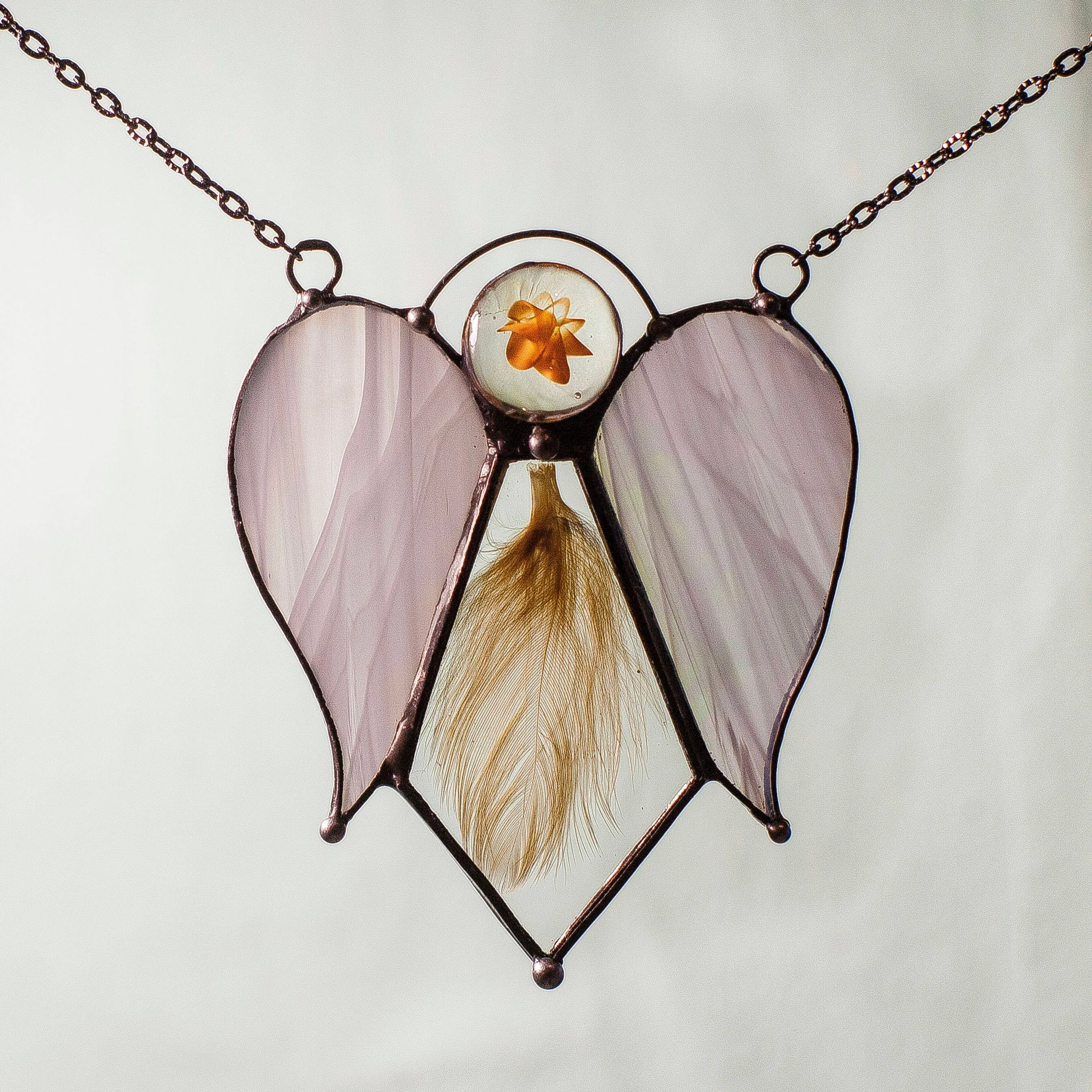 Glass Angel Necklace with a feather between two glass