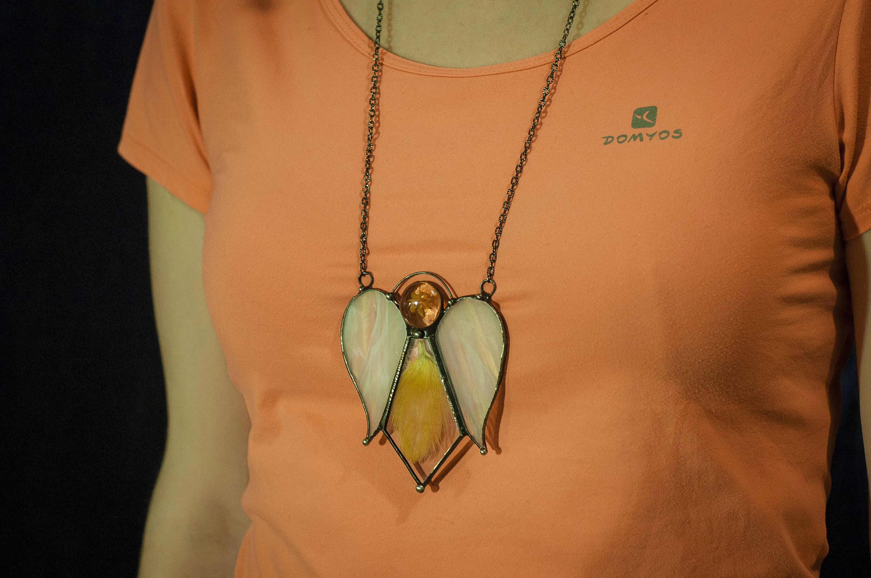 Glass Angel Necklace with a feather between two glass