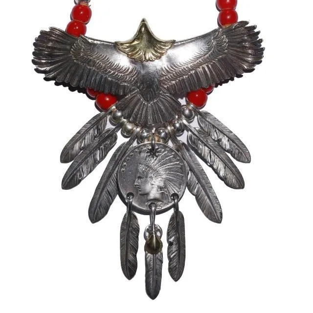 Goros Eagle With Feather & Red Beads Setup