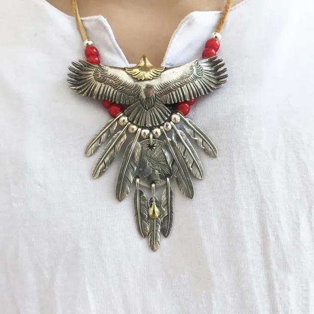 Goros Eagle With Feather & Red Beads Setup