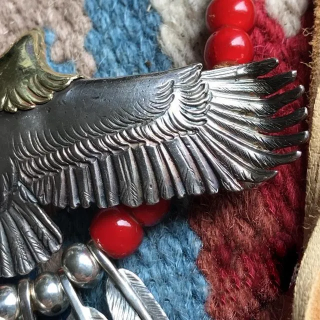 Goros Eagle With Feather & Red Beads Setup