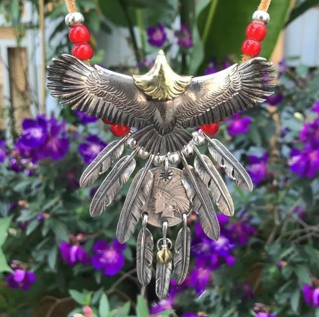 Goros Eagle With Feather & Red Beads Setup