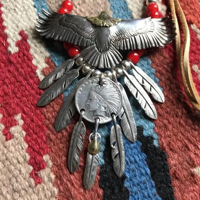 Goros Eagle With Feather & Red Beads Setup