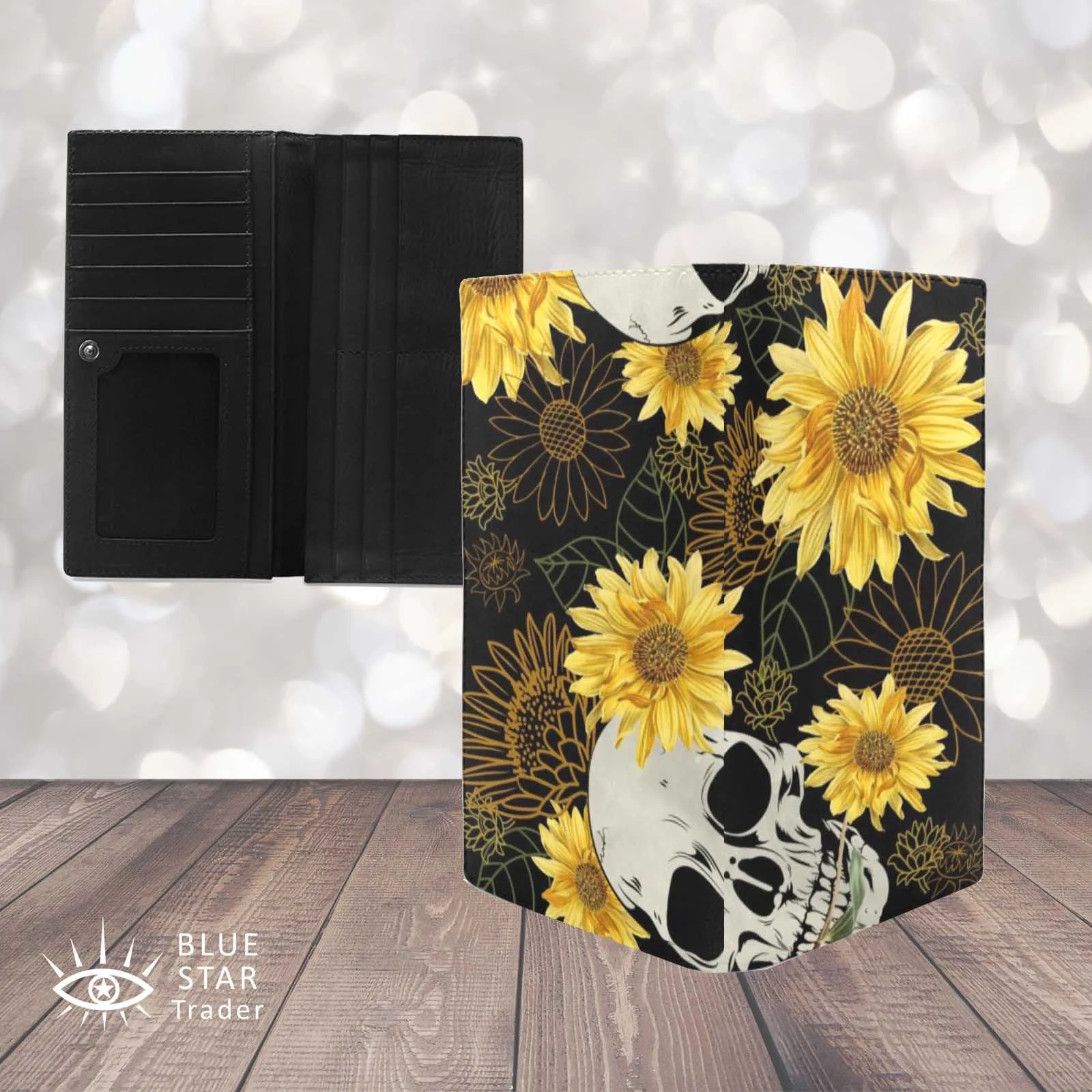 Goth Skull and Sunflowers Black Bifold Wallet