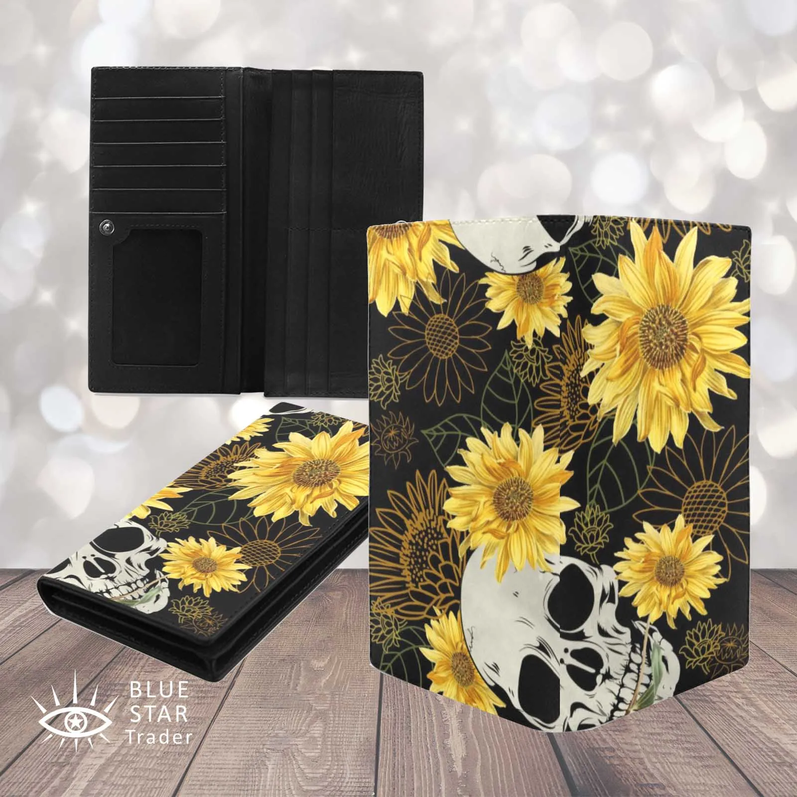 Goth Skull and Sunflowers Black Bifold Wallet