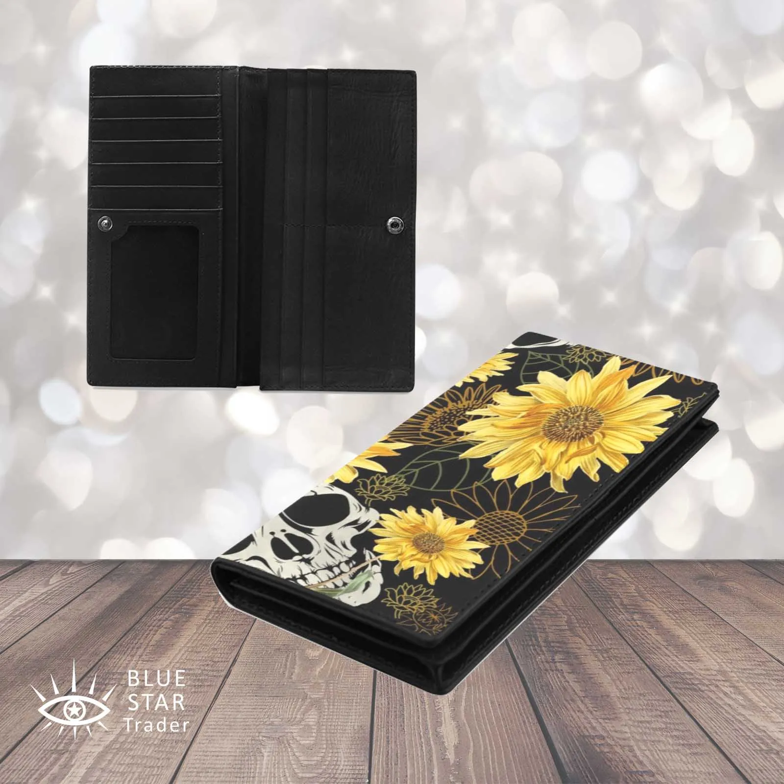 Goth Skull and Sunflowers Black Bifold Wallet