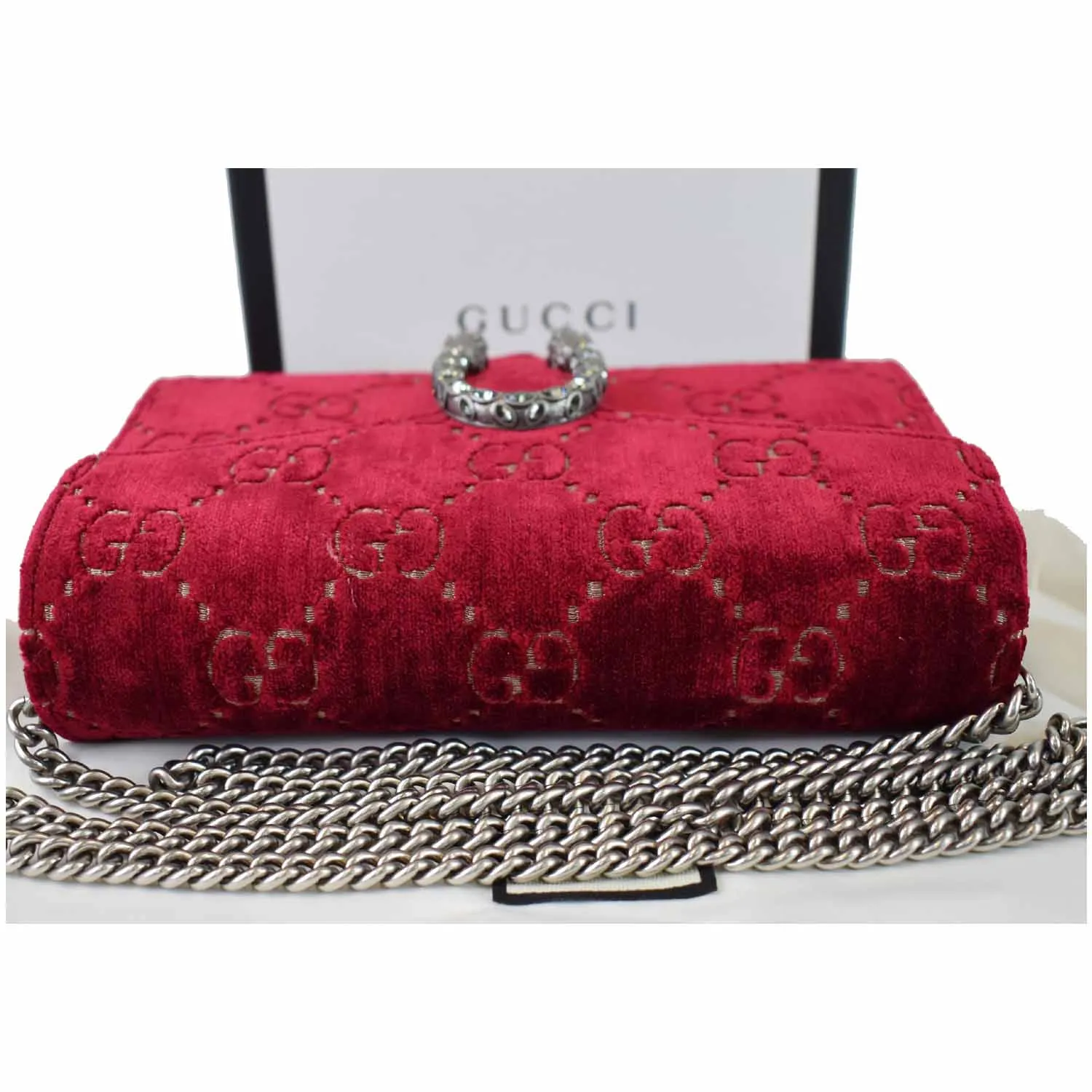 GUCCI Dionysus Mini Velvet GG Monogram Crossbody Chain Wallet Red 401231