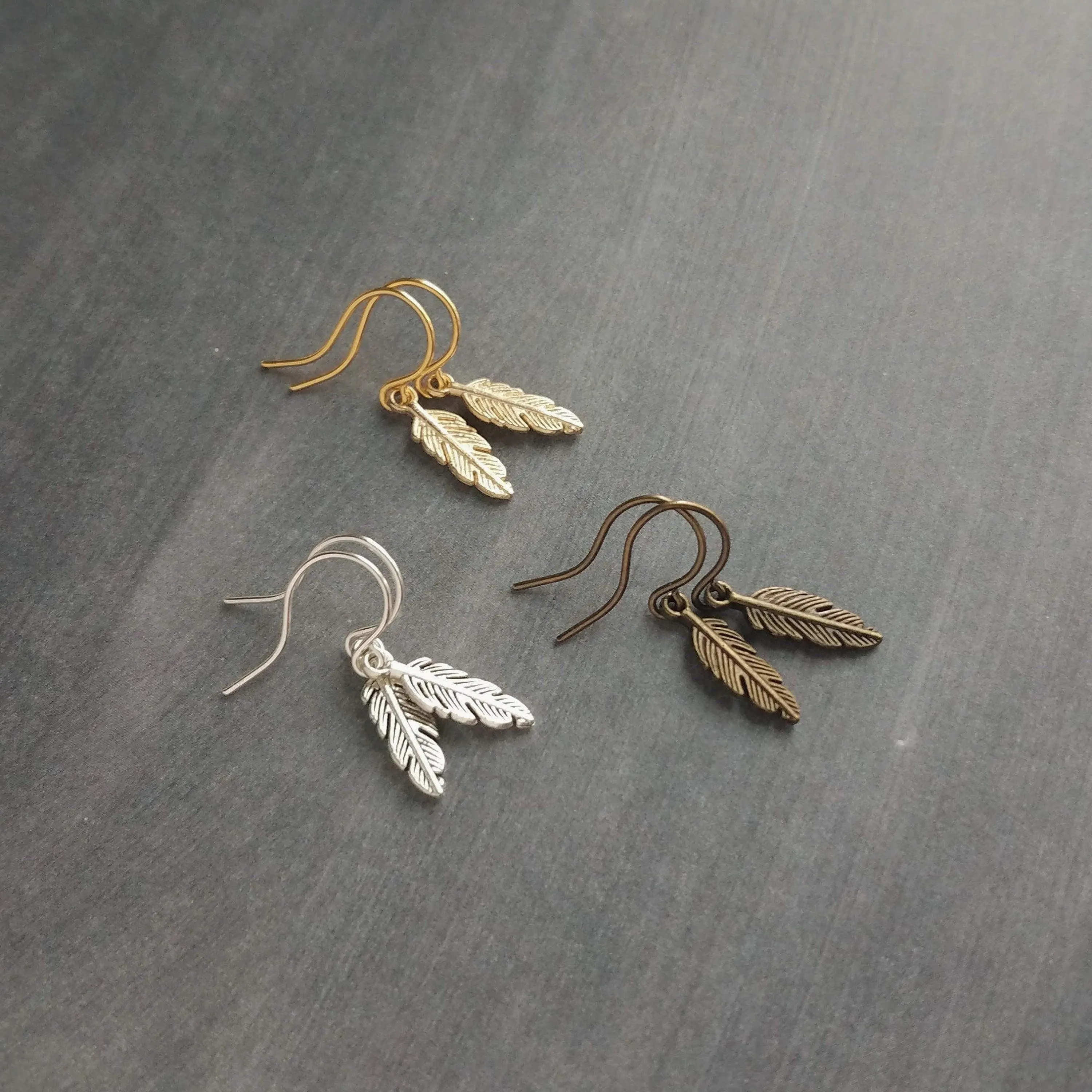Gunmetal Feather Earrings, blackened silver feather, tiny feather earring, small gun metal feather, little feather dangle, simple feather, silvery black feather earring