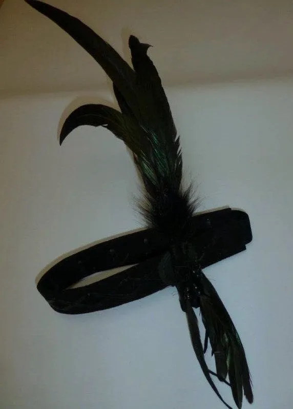 H23-Black leather headband with large rooster natural color Feathers