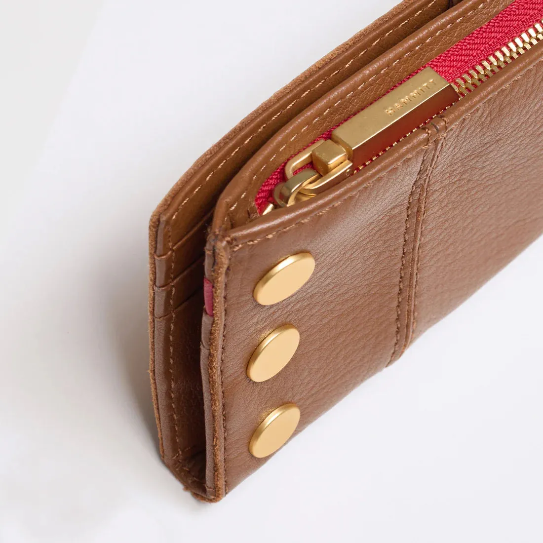 Hammitt 110 North Mahogany Pebble/Brushed Gold Red Zip Wallet