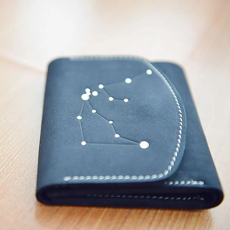 HANDMADE LEATHER CUTE Women Constellation Trifold Blue Small Wallet PERSONALIZED MONOGRAMMED GIFT CUSTOM Wallet